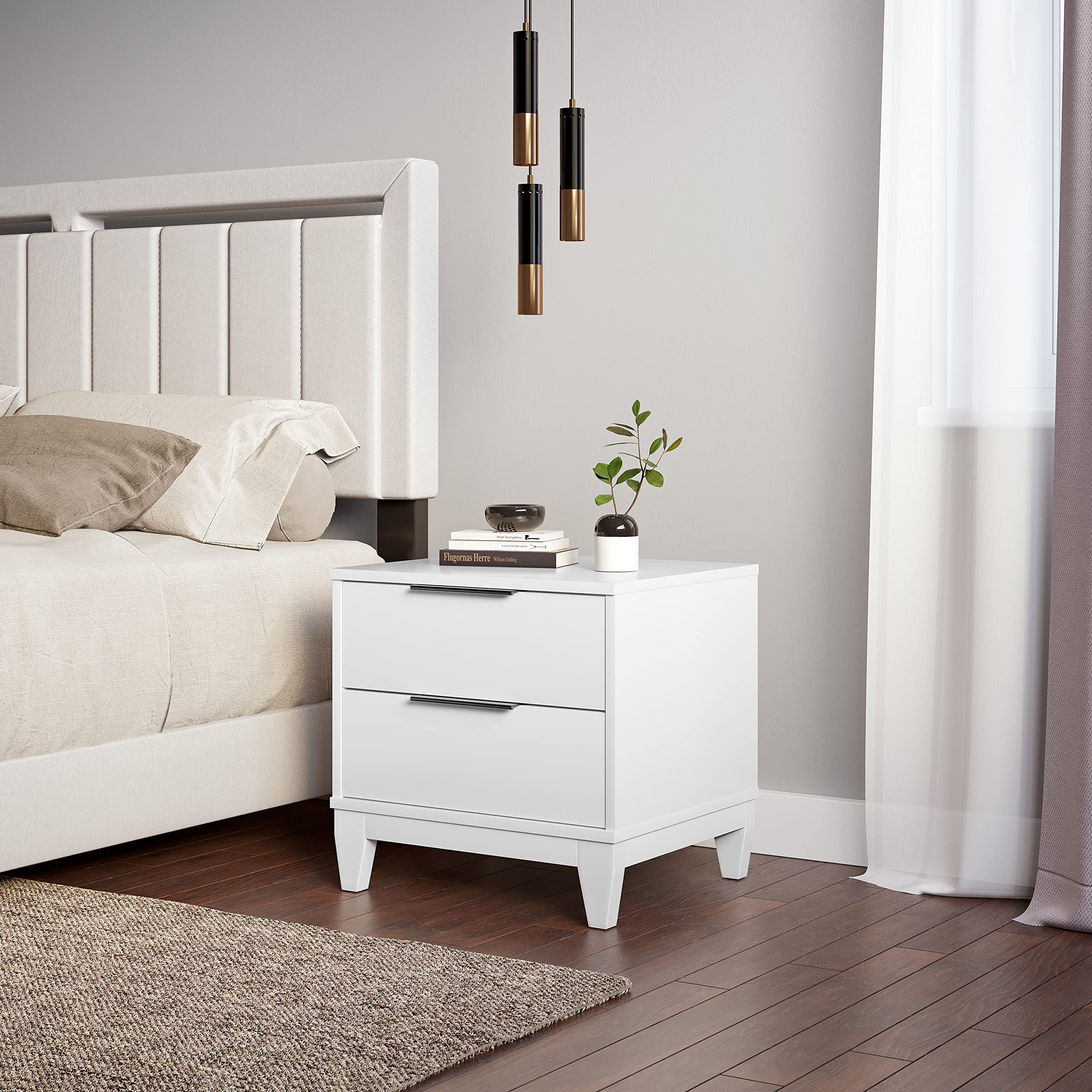Boyd Sleep Bedroom Nightstand Bedside Table: Mackay Two Drawer Storage With Leg Base, White